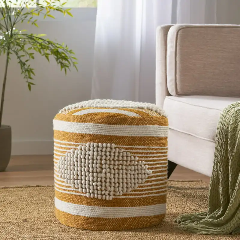 

Volney Fabric Cylinder Pouf, White and Mustard Yellow Footstool Stuffed Bean Bag Footrest Floor Corner Seat Puff