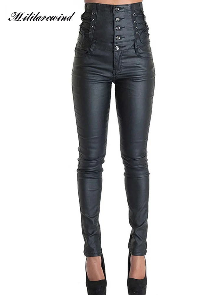 

High Waist PU Leather Women Trousers Stretch Female Leather Leggings Single Breasted Bandage Black Jeans Women Pencil Pants
