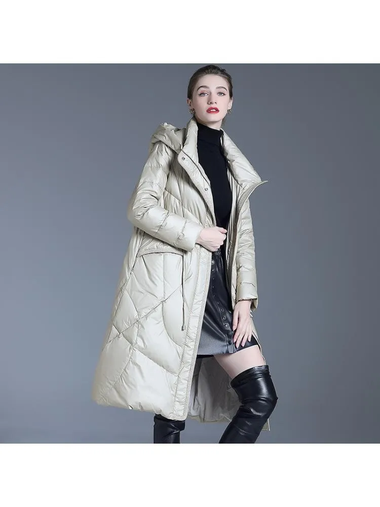 European 2022 Winter Long Thicked Hooded Black Loose High End 90 White Duck Down Coats Women Warmer Jackets