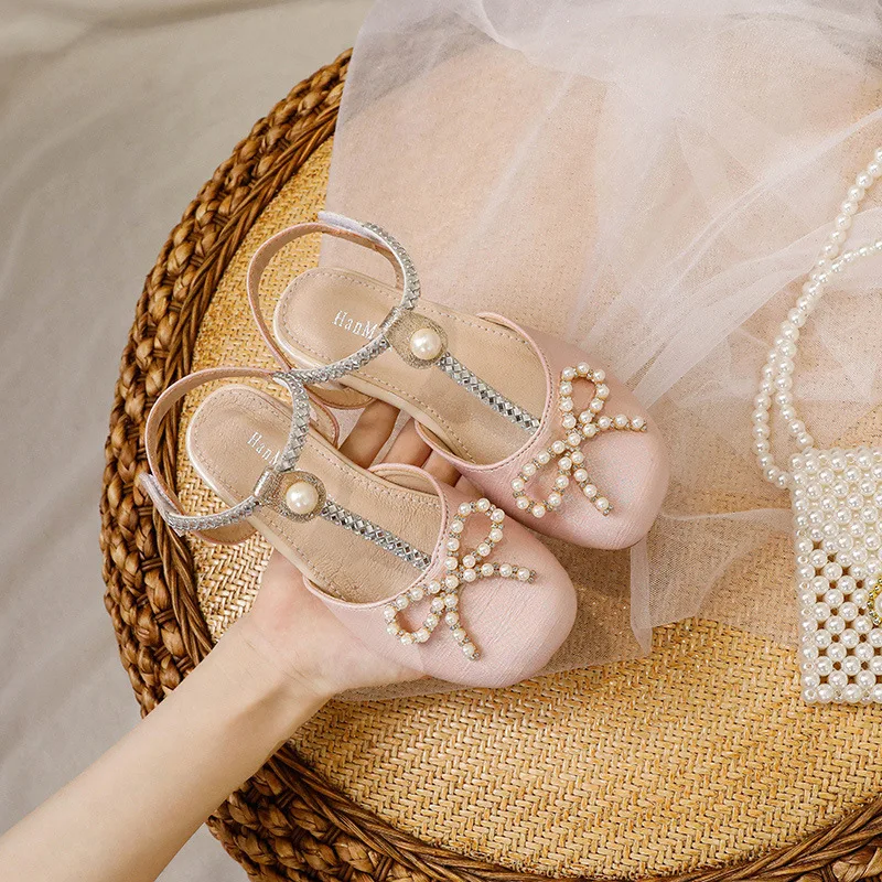 

New Children Bow Pearl Girls High Heels Princess Summer Sandals Student Dance Dress Leather Shoes Kids Baby Toddler Designer 3C