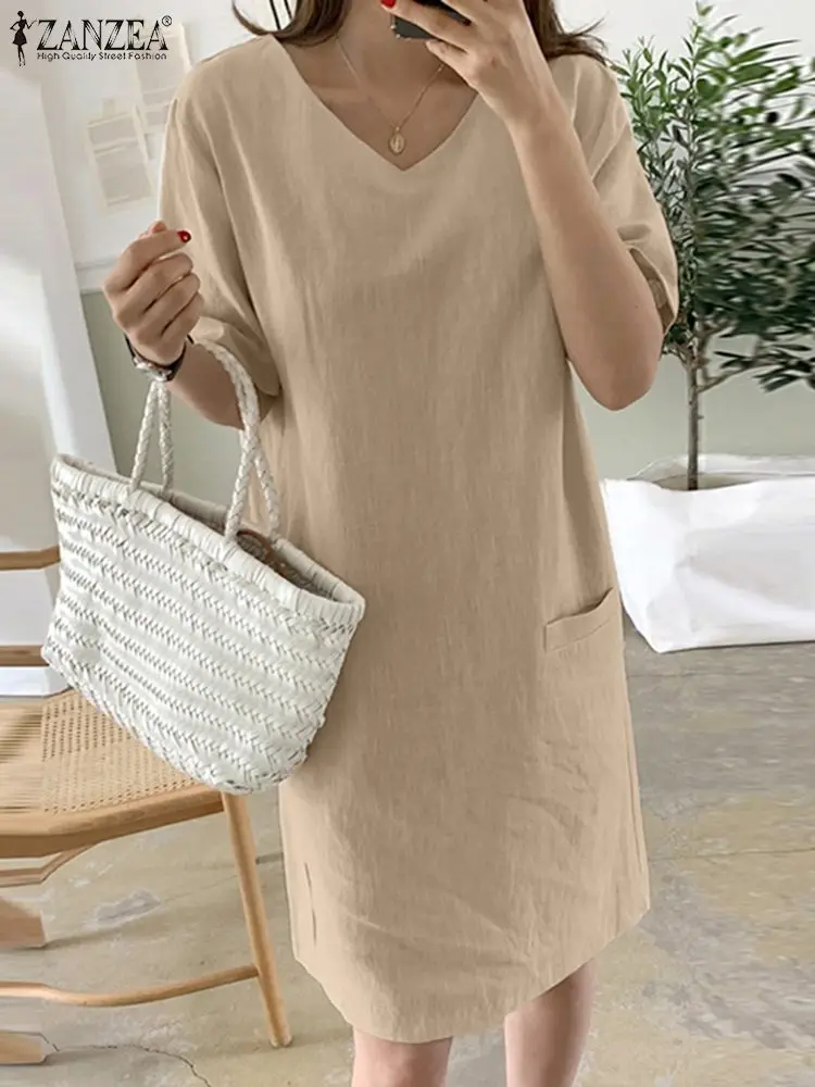 

Платье ZANZEA женское однотонное с рукавом до локтя, Модный повседневный элегантный сарафан большого размера до колен с боковыми карманами, на...