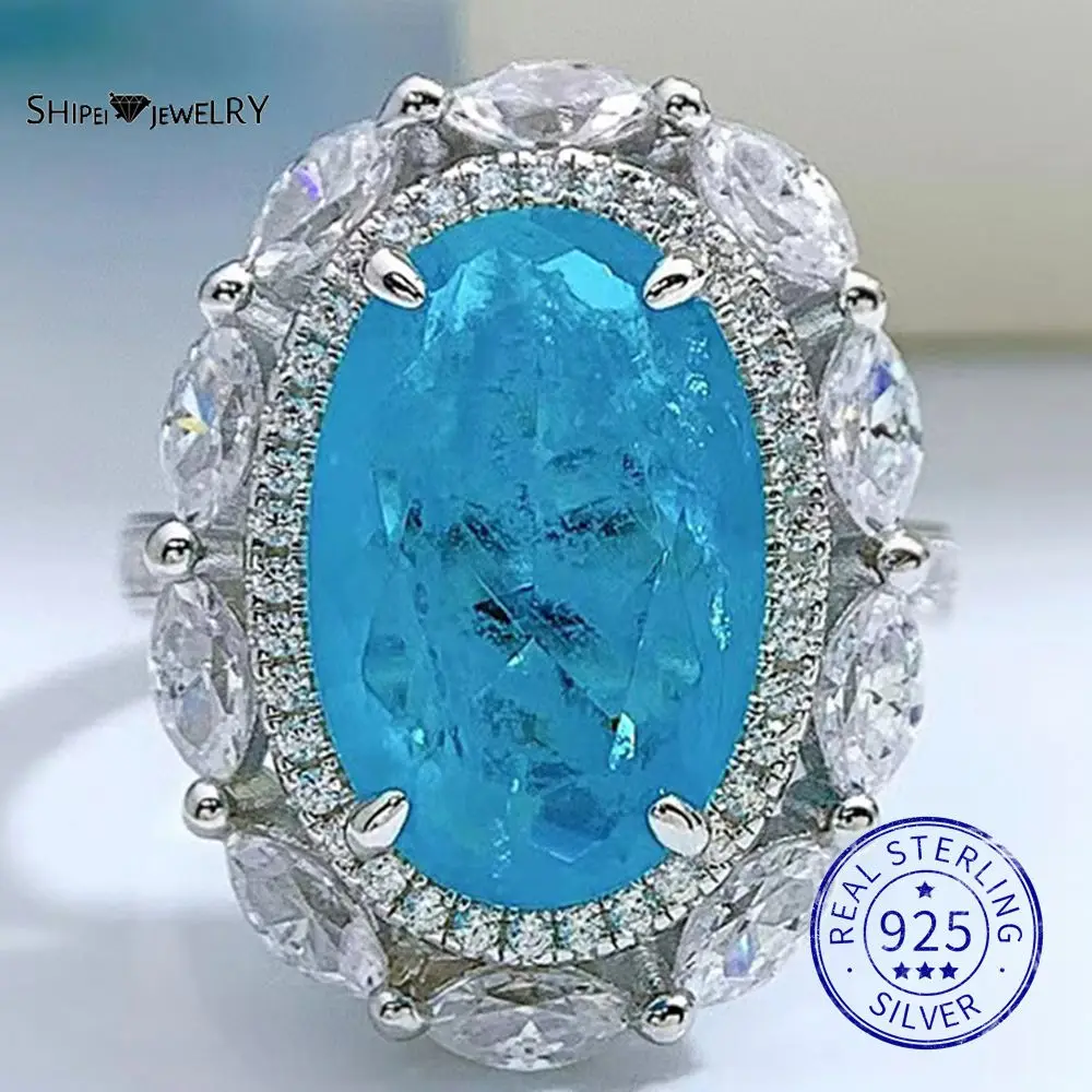 

Shipei 925 Sterling Silver Oval 10*15 MM Paraiba Tourmaline Created Moissanite Gemstone Engagement Ring For Women Fine Jewelry