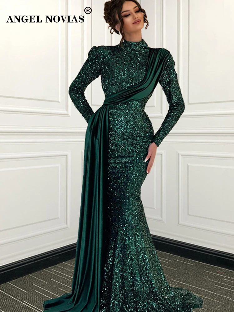 

Long Sleeves Muslim High Neck Green Mermaid Evening Dress 2022 Saudi Arabia Dubai Moroccan Sexy Formal Prom Gowns