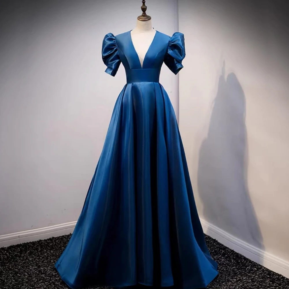 

Qcenkern Prom Dress V Neck A Line Formal Satin Blue Fashion Women Party Gowns Corset Evening Dresses فساتين السهرة 프롬드레스 שמלות