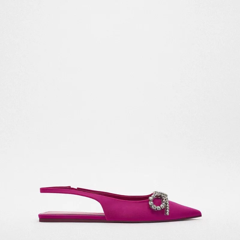 TRAF 2022 Rose Red Flat Shoes Women Rhinestone Butterfly Flat Sandals Female Muller Pointed Toe Woman Elegant Wedding Bride Shoe