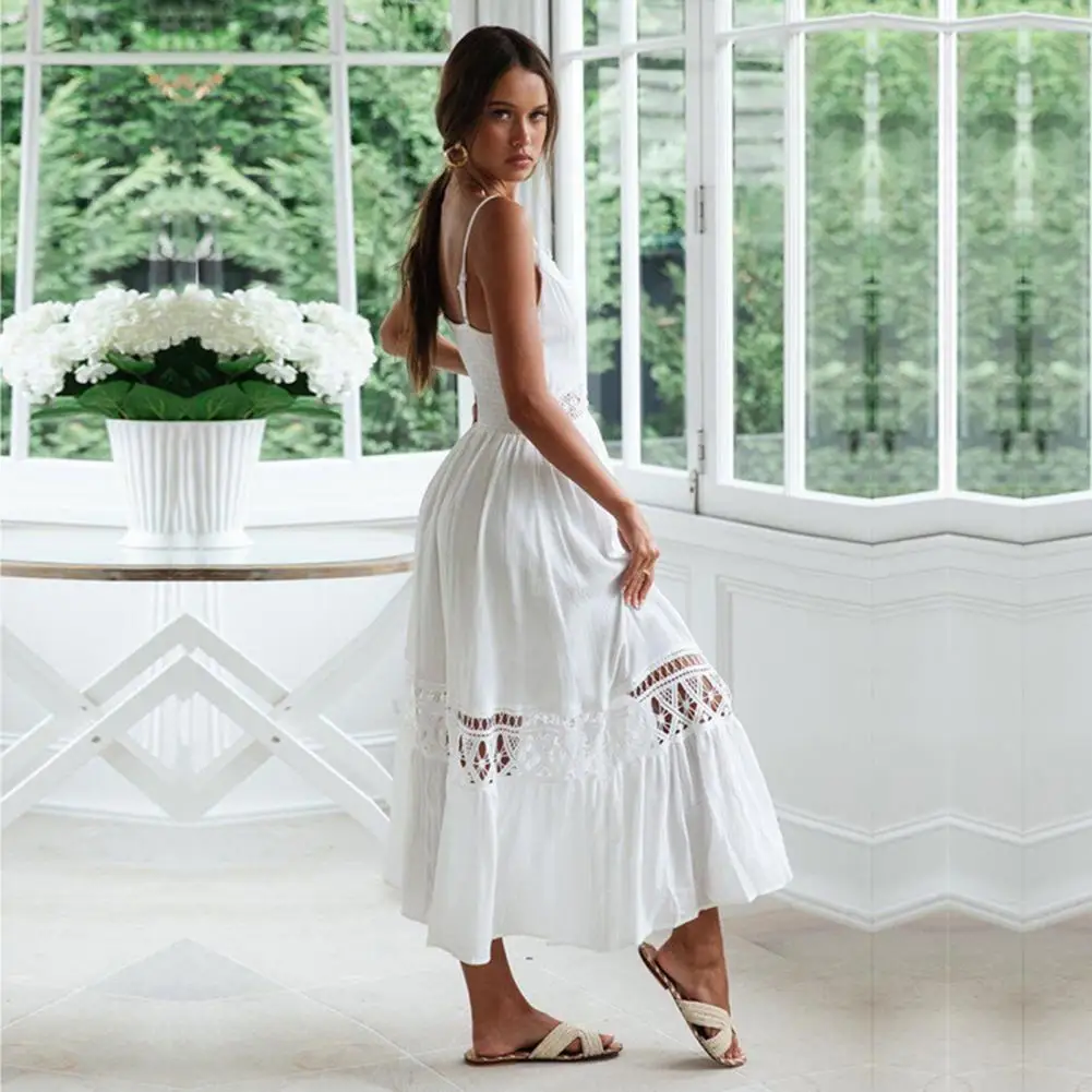 

Backless Streetwear Solid Color Deep V Neck Hollow Out Dress for Beach
