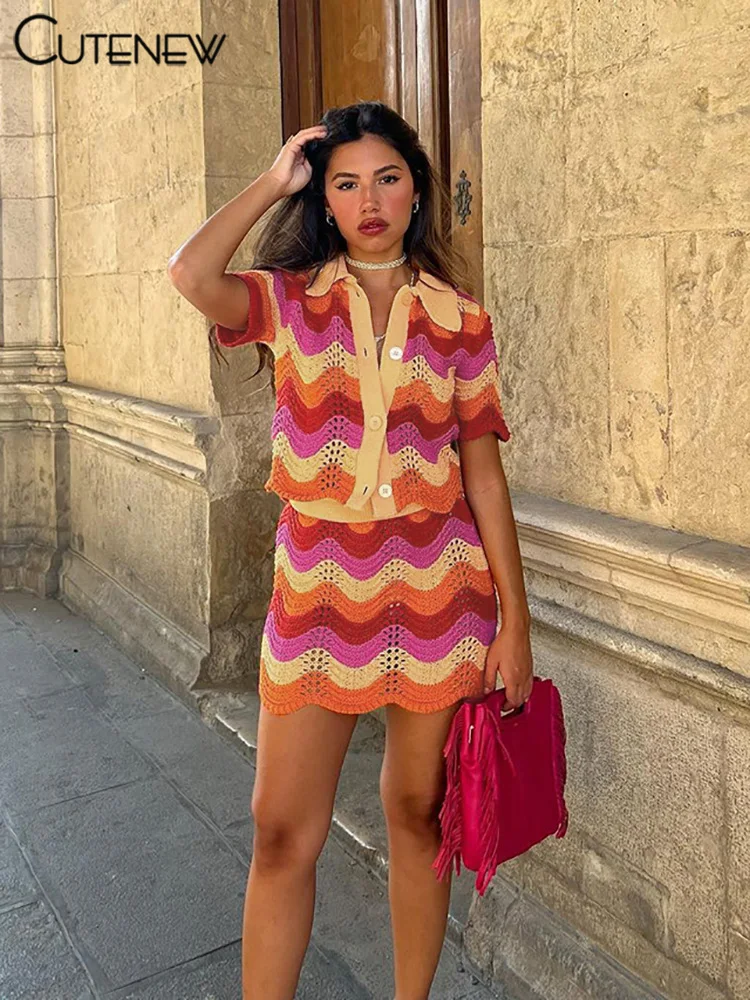 

Cutenew Women's Knitted Two Pieces Sets Short Sleeve Camisole Hip Slim Mini Skirt New Streetwear Female Dress Suit Hot 2023