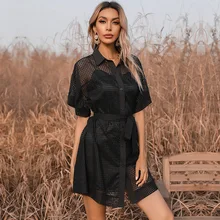 Robe noire Sexy en dentelle, col en v, couture, manches courtes, couleur unie, décontractée, mode Boho, ligne a, été, nouvelle collection 2021  (3)