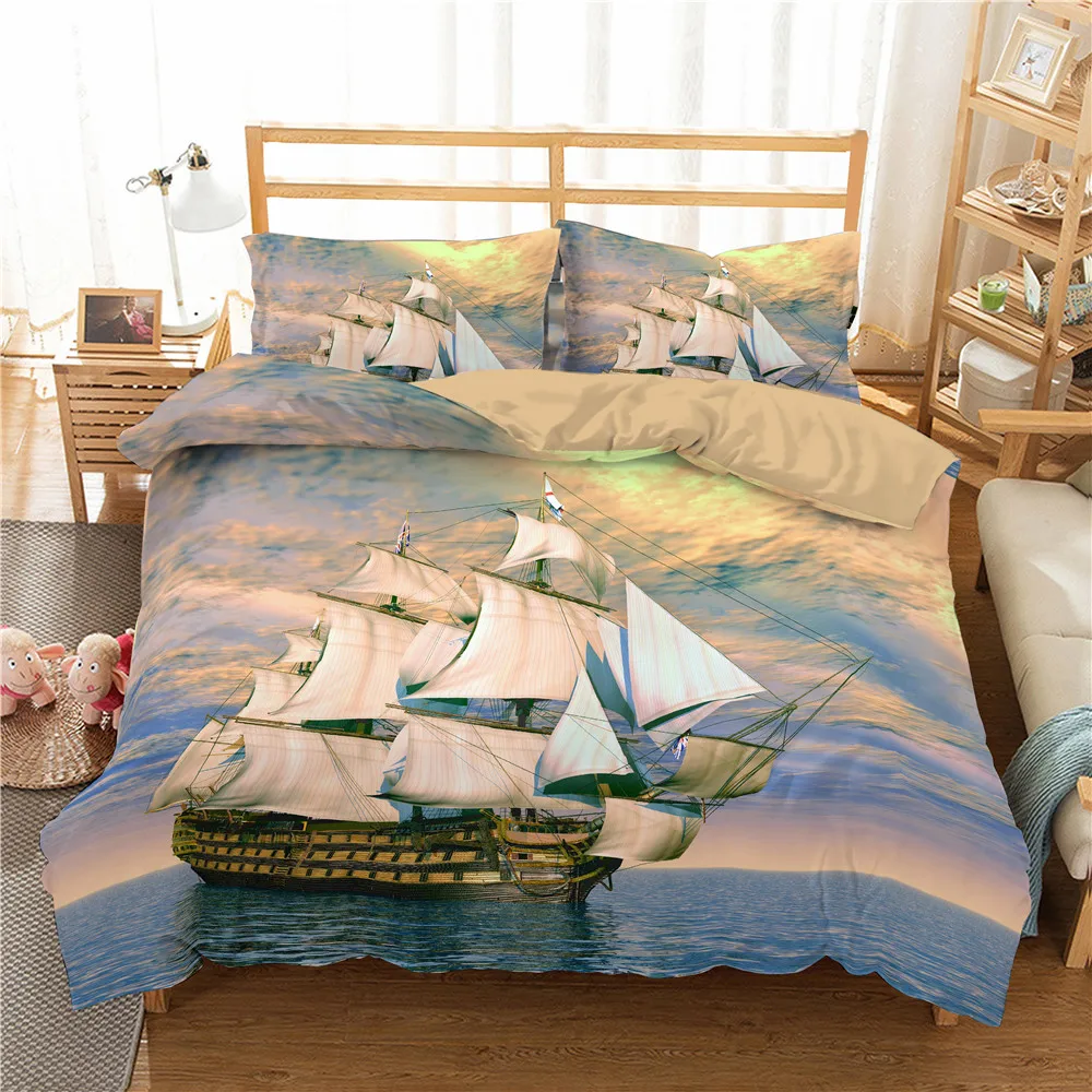 

Polyester Bedding Set Oil Painting Vessel 2/3PCS Bedspread Home Textiles Printing Bedclothes and Pillowcases Bedding