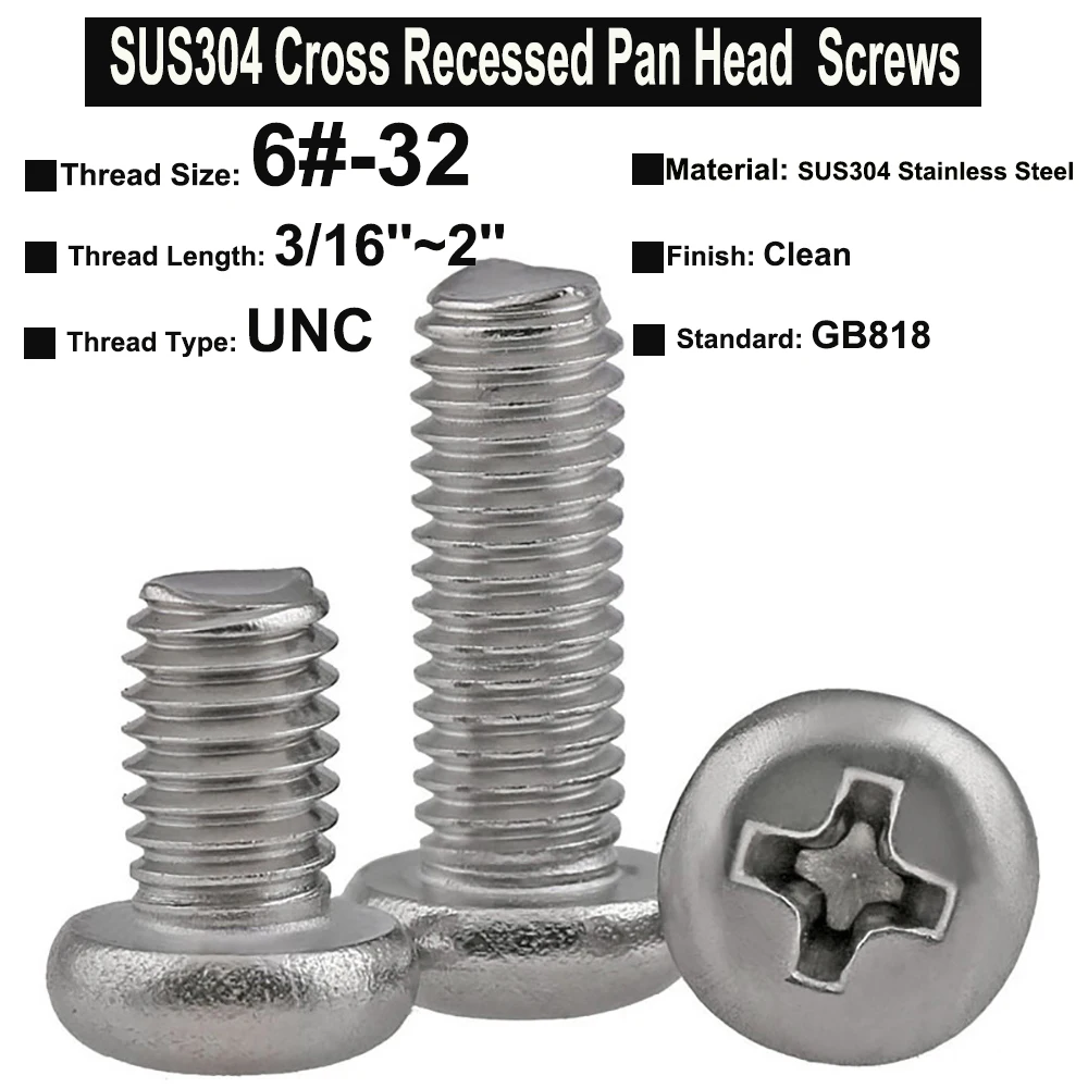 

20Pcs UNC Thread 6#-32x3/16''~2'' GB818 SUS304 Stainless Steel Cross Recessed Pan Head Phillips Screws Machine Screws