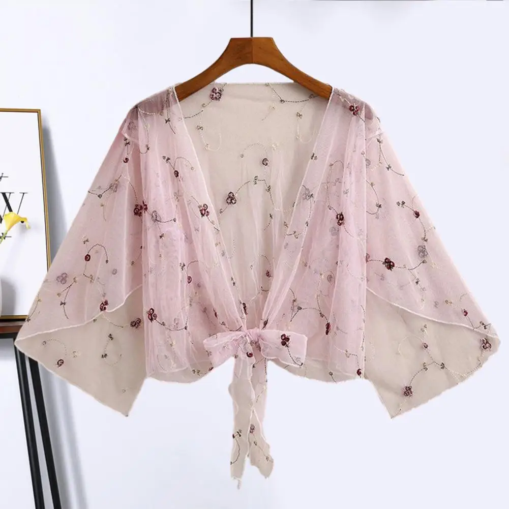 

Thin Sunscreen Cardigan Coat Floral Lace Cover Up Stylish 3/4 Sleeve Cardigan with Lace-up Front Thin Sunscreen Coat for Summer