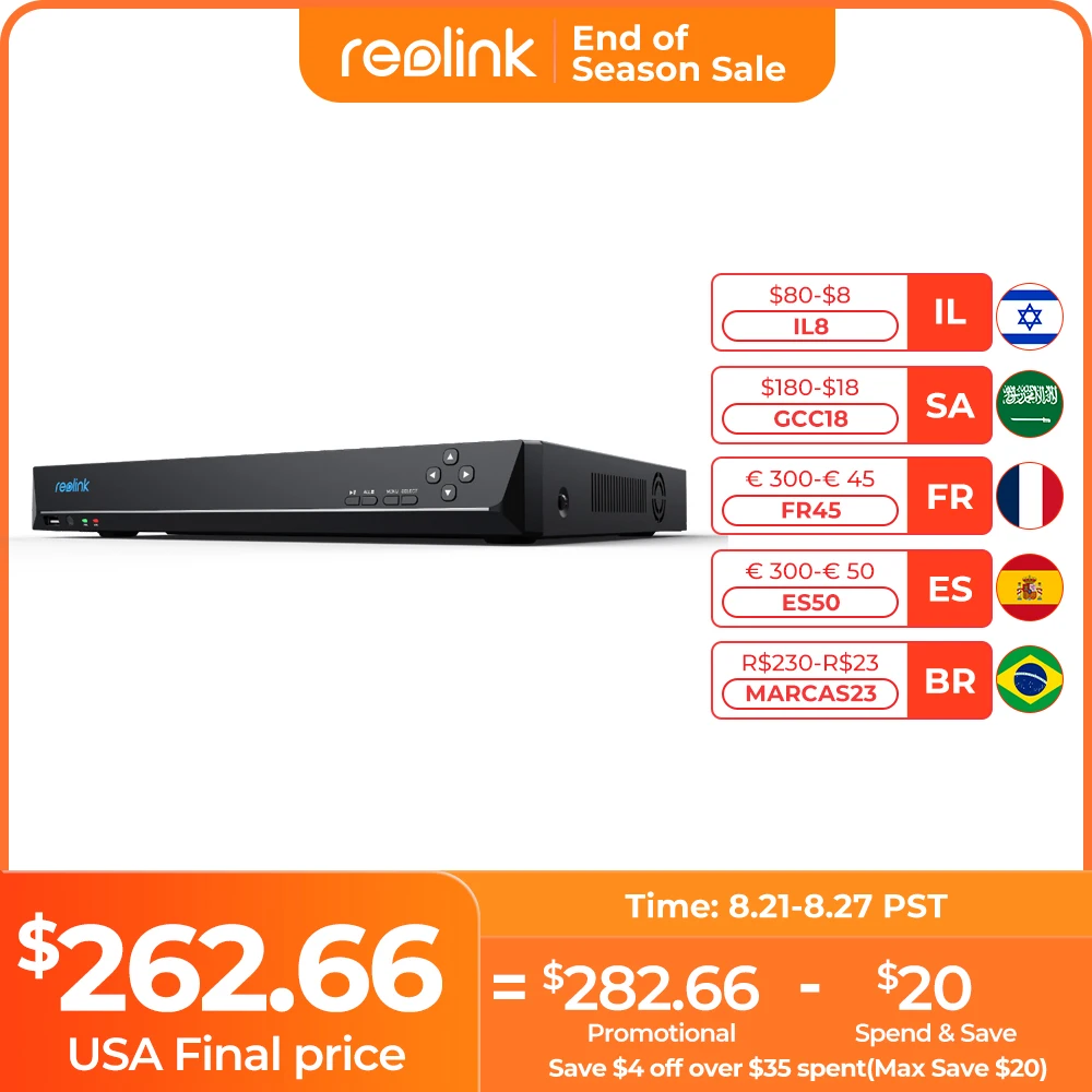 Reolink 8CH DVR for Reolink 4MP/5MP/8MP/12MP IP Security Camera 16CH NVR P2P H.265 24/7 Video Recorder Surveillance System Kit