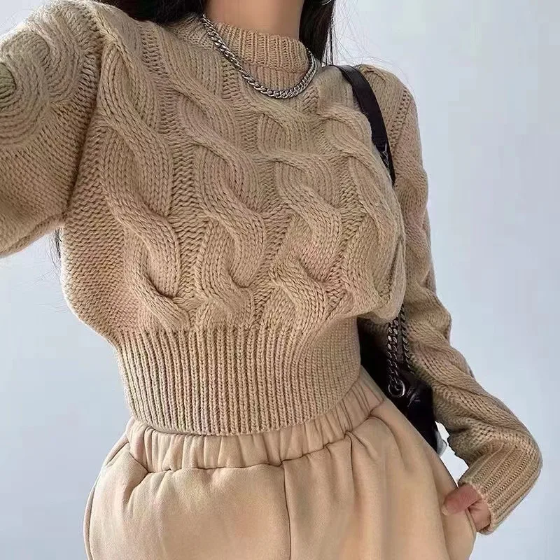

Women's new twist crewneck long sleeve thick needle short knitted sweater pullover for autumn and winter