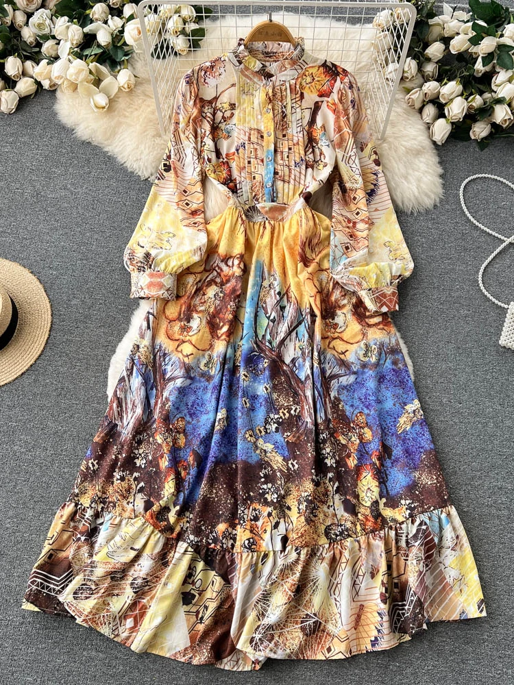 

Aibeautyer New Casual Summer Floral Print Slim Button Full Lady Dress A Line O Neck Chiffon Single Breasted Women Dresses