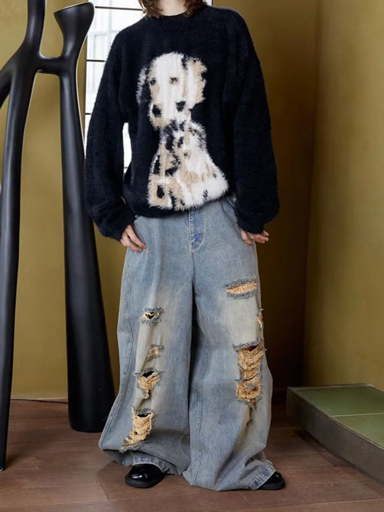 

Шикарный свитер с вышивкой собаки Y2k Kawaii, вязаный пуловер, японский милый оверсайз джемпер с пятнистой собакой, жаккардовый свитер, пальто