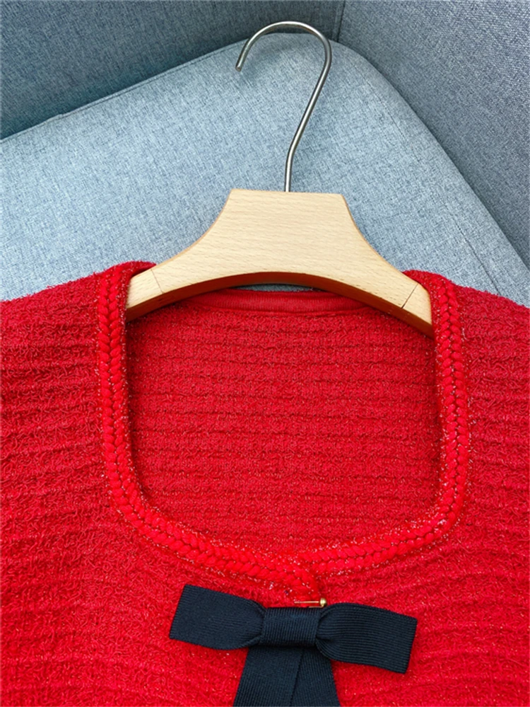 Рождественское платье красный элегантный комплект вязаный кардиган с бантом и