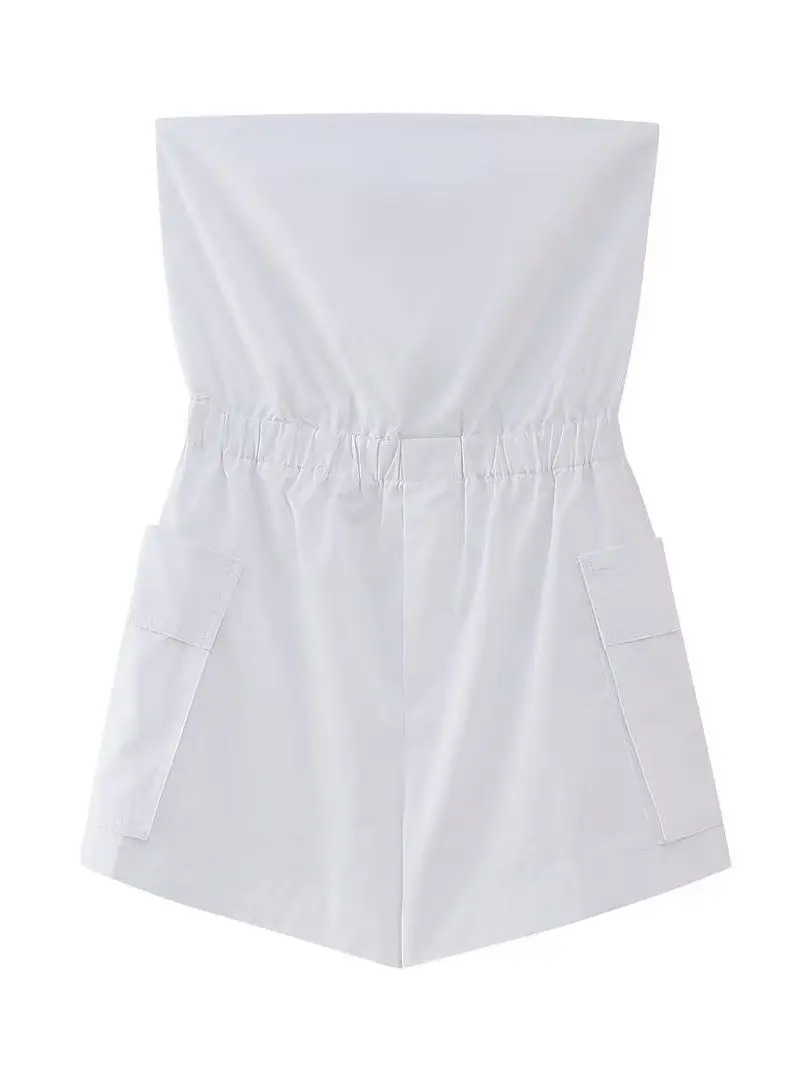 

SLMD 2023 NEW Summer Women Jumpsuits White Slim Waist Strapless Pockets Decoration Vintage Streewear Playsuits