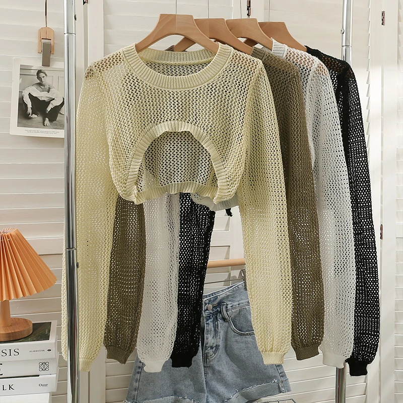 

Long Sleeve Hollow Out See Though Irregular Pullover Sexy Vintage Knit Wear O Neck Sweater Top Women Spring and Fall Clothes Ins