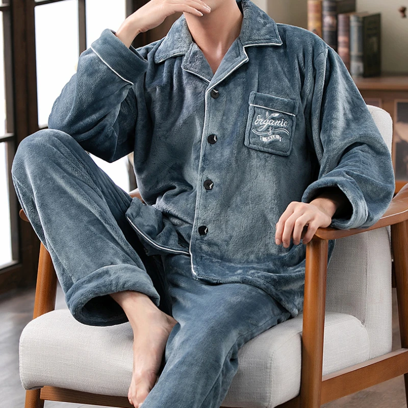 Мужская Фланелевая Пижама с отложным воротником