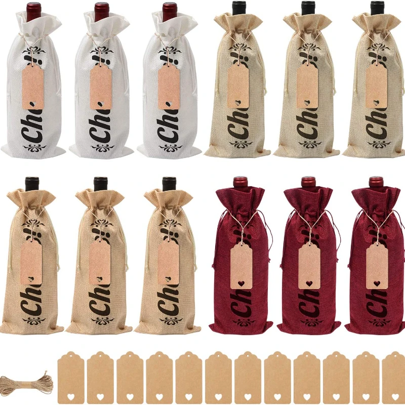 

Burlap gift wine bag Cheers wine bag in bulk with gift label and pull rope and rope for blind wine tasting wedding party
