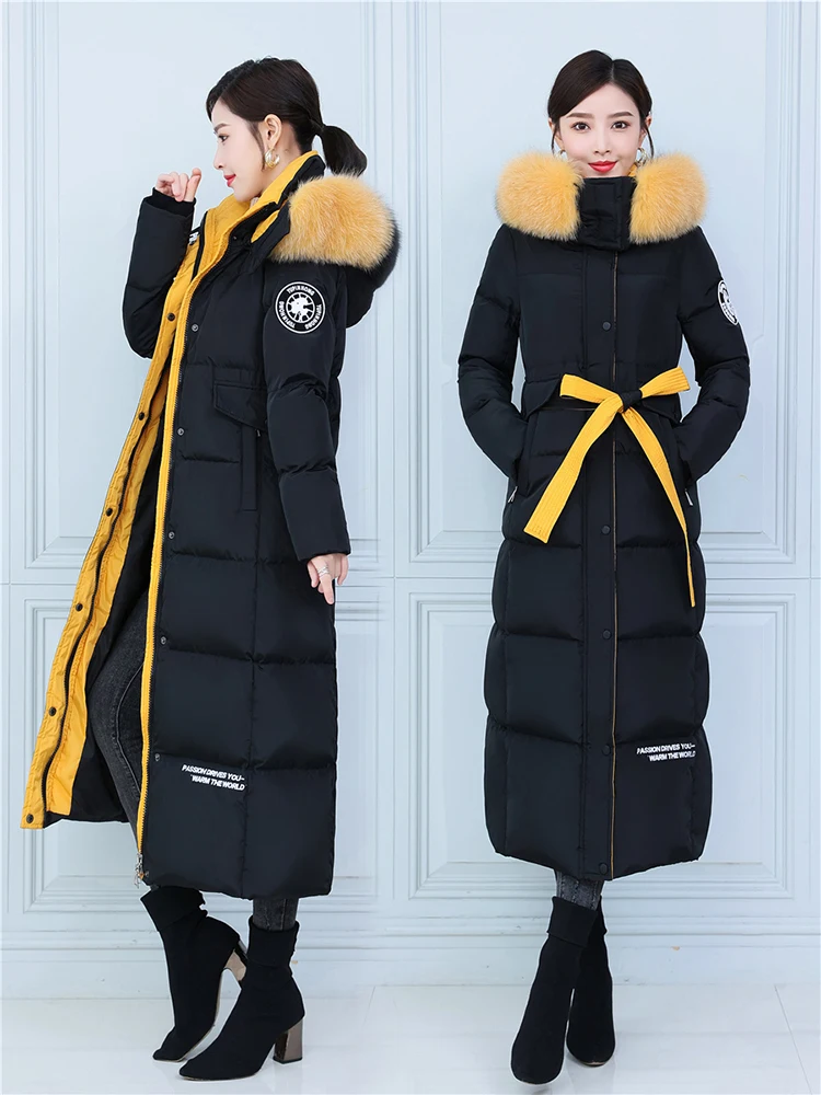 New Women Winter Long Thicken Warm Down Coat Casual Fashion Two-Colour Detachable Real Fox Fur Collar Belt Slim Down Jacket