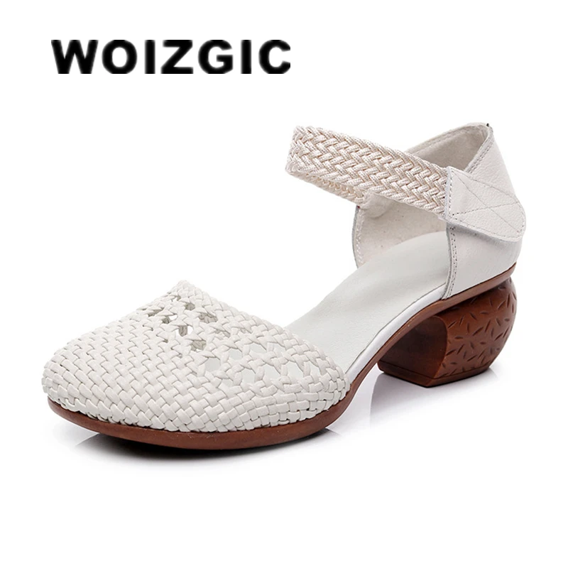 

WOIZGIC Women's Female Mother Genuine Leather Sandals Shoes Flats Hollow Weave Summer Cool Beach Outdoor Retro