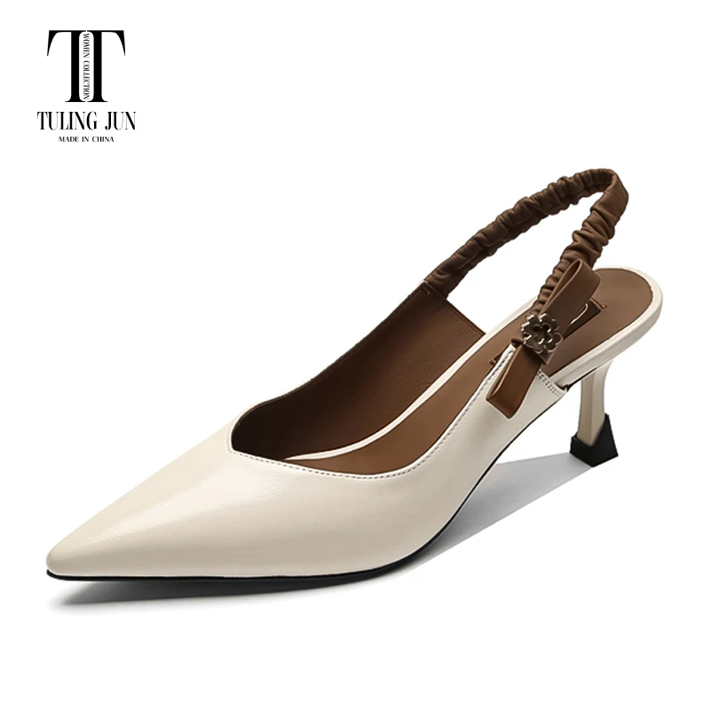 

TULING JUN 2023 Spring Summer Genuine Leather Back Empty Sandals Retro Stilettos Heel Pointed Toe Elegant Party Pumps For Women