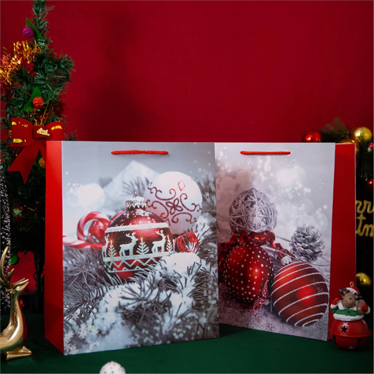 

12 Piece Medium Jingle bell Christmas Gift Bags Classic Variety Kraft Gift Bags Bulk Christmas Bags Good for Xmas Party Favors