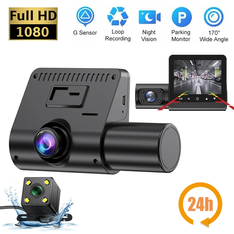 

New 2023 FHD 1080P Dash Cam 3-Lens Car DVR 24H Parking Monitoring Video DashCam 3 Channel Video Recorder Three Way Black Box