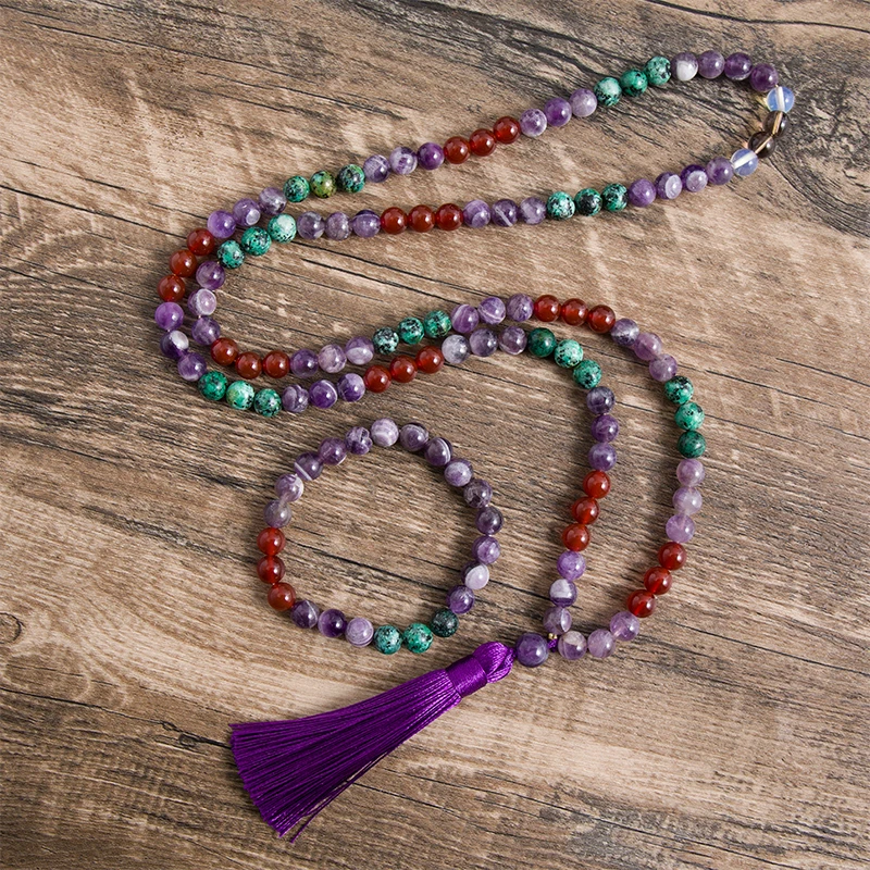 

8mm Natural Amethyst Red Agate 108 Mala Beaded Necklace Bracelet Meditation Yoga Prayer Jewelry Japamala Set For Men And Women