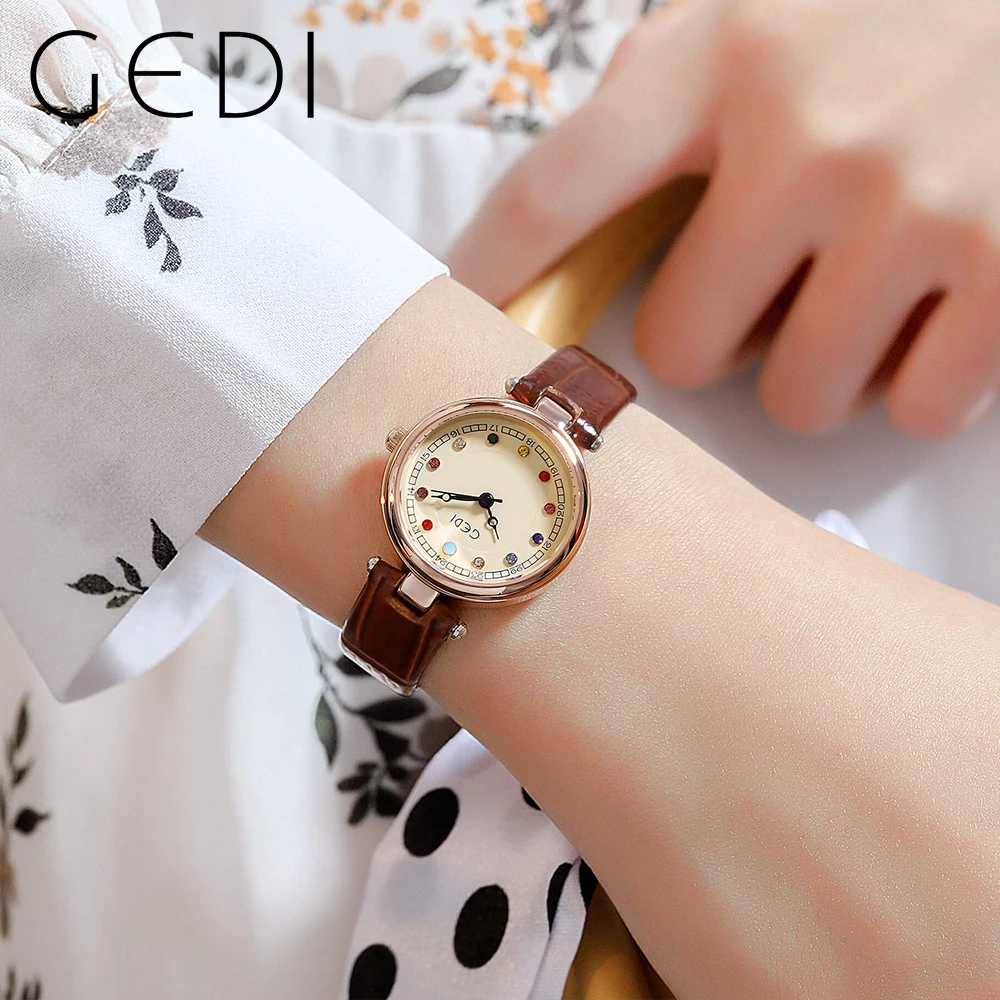 GEDI Elegant Women Watches Leather Strap Color Diamond Scale Waterproof Fashion Ladies Quartz Wriswatch Luxury Woman Clock Gifts