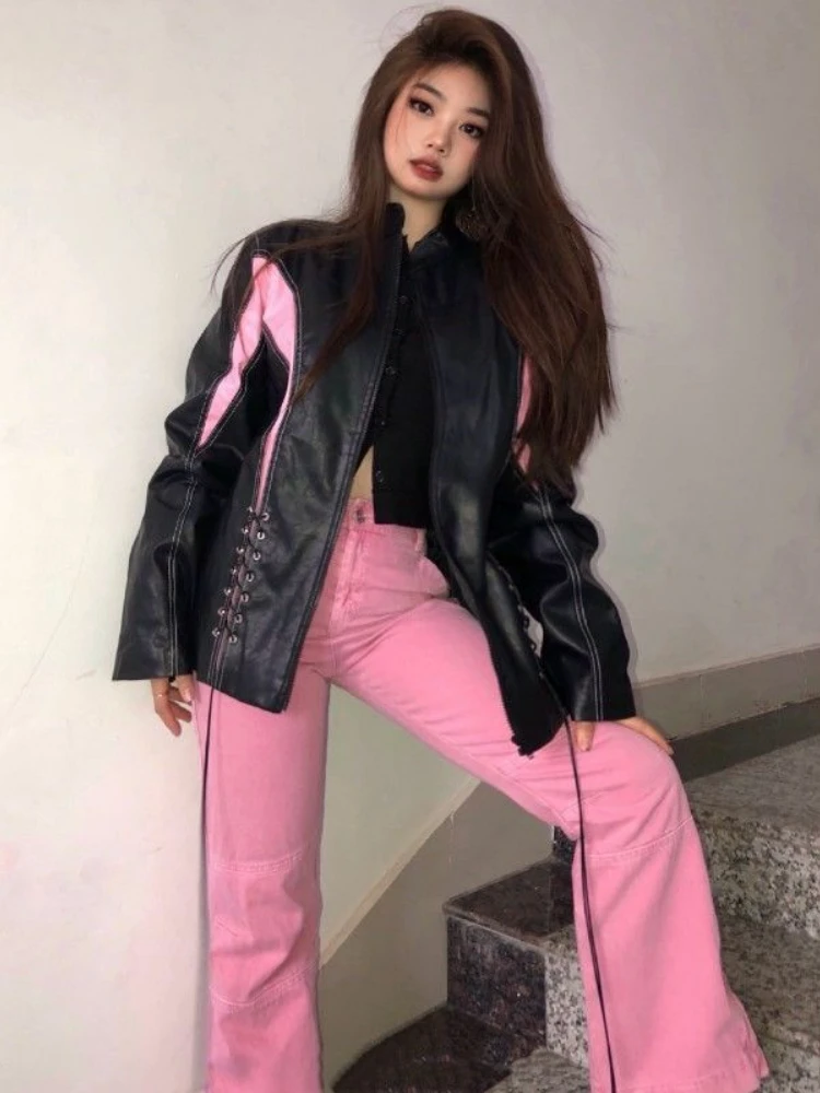 Autumn Motorcycle Leather Jacket Women Patchwork Chic Belt Loose Biker Jacket Female Casual Warm Korean Fashion Coat 2022 Summer