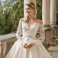 monica luxury wedding dress elegant long sleeve satin tulle temperament pleated appliqu%c3%a9 diamond new bridal gown robe de mari%c3%a9e