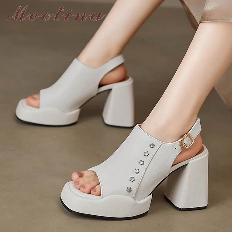 

Meotina Women Genuine Leather Sandals Square Toe Platform Chunky High Heels Crystal Buckle Ladies Fashion Career Shoes Summer