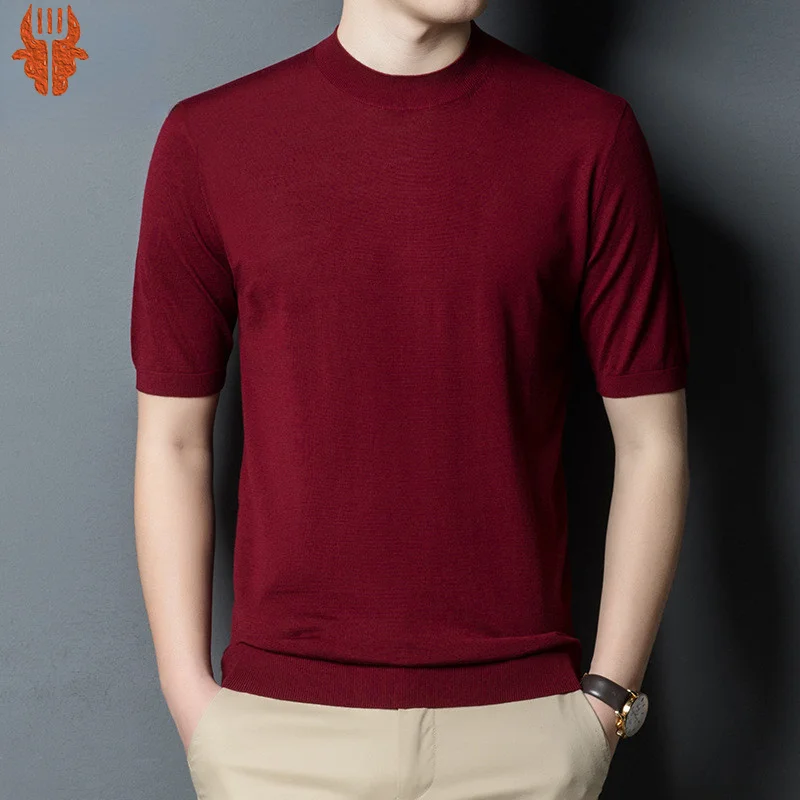

2022 Luxury 100% Superfine Wool 60s Thin Short Sleeve Solid Thin Father Summer T-shirt Men Slim Pullovers Comfortable