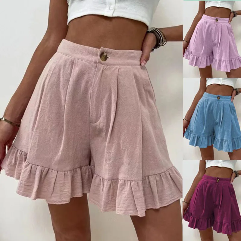 Women Summer Empire Loose Wide Leg Pants 2022 Fashion Buuttons Ruched Ruffle Patchwork Solid Lady A Line All-match Shorts Basic