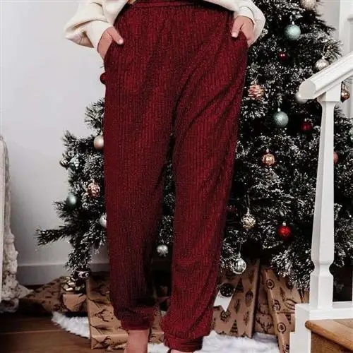 Sequined Sequins Elastic with and Cuffs Trousers