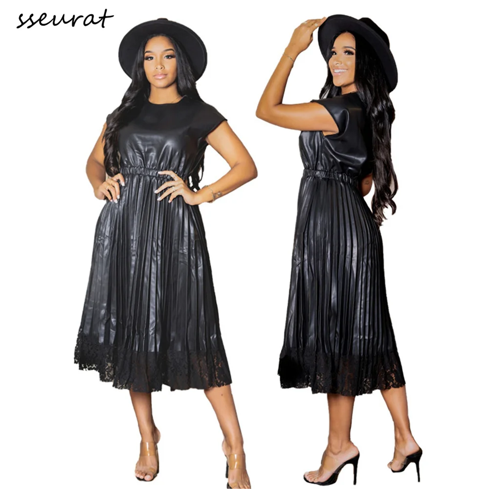 

Женское Плиссированное Платье-миди из ПУ кожи, с коротким рукавом