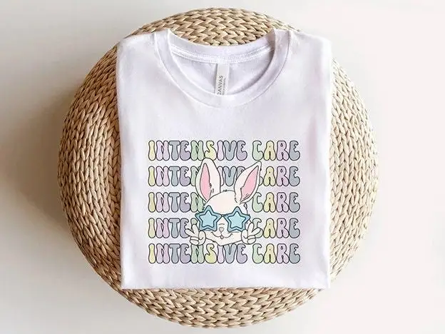 Ретро Icu Пасхальная футболка Groovy Nurse Rn Tech Spring Bunny Intensive Care S 수 Micu Cvicu Critical