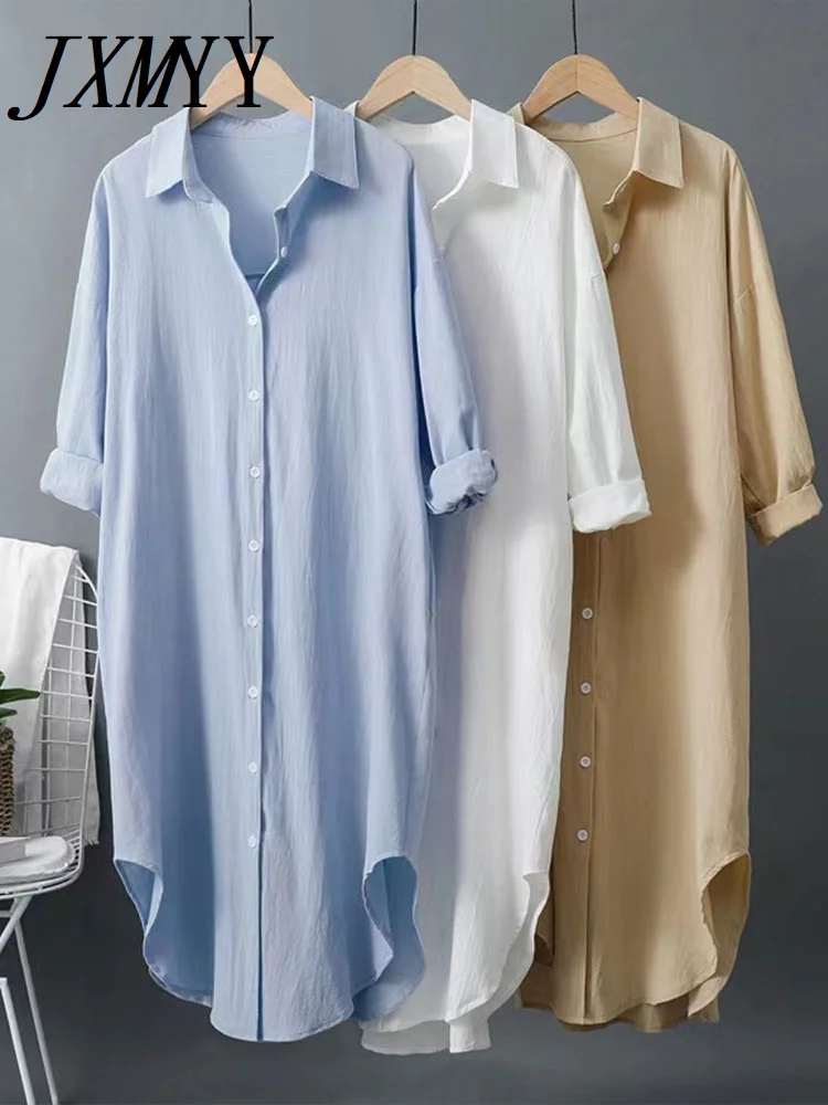 

JXMYY Long White Shirt Dress for Women Cotton 2023 Spring Summer Casual Korean Clothing Vintage Oversized Midi Robe