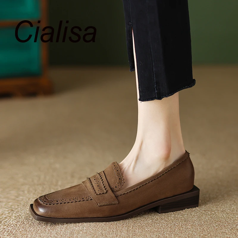 Cialisa Concise Loafers Women's Shoes Spring New Square Toe Vintage Genuine Leather Flats Handmade Ladies Footwear Black 33-40