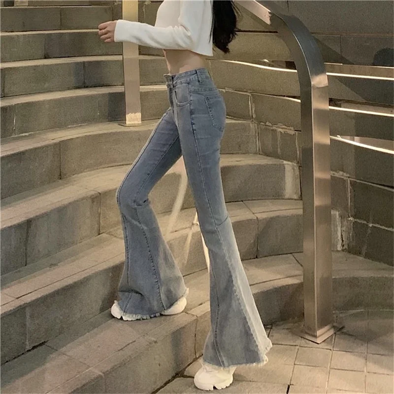

Split Straight Flare Jeans Woman High Wasit Baggy Boyfriend Overalls Loose Wide Leg Denim Pants Washed Retro Winter Long Jeans