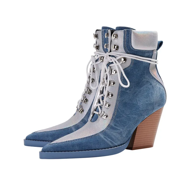 

Pointed Toe 2023Women Ankle Boots Mixed Color Denim Blue Short Botas Lace Up Pumps Square High Heels Cowboy Riding Botines