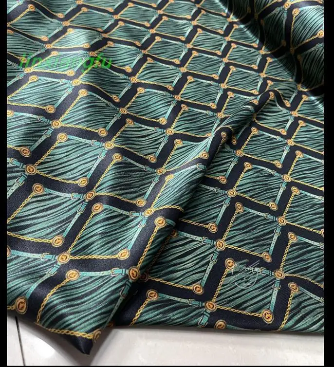 

Summer new style green checked printed stretch fabric, twill silk satin fabric, dress shirt cheongsam fabric.