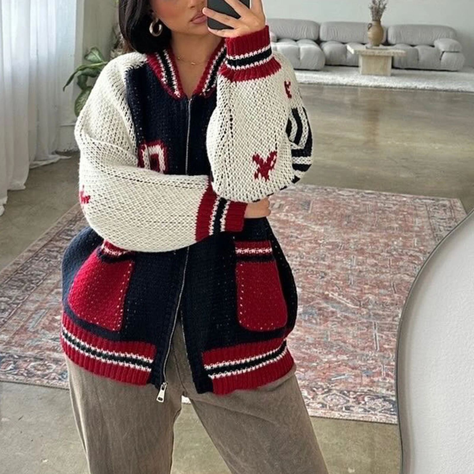 Женский осенне-зимний свитер кардиган большие джемперы с длинными рукавами