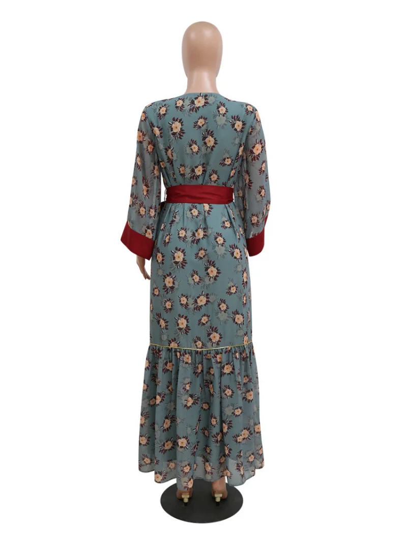 Muslim Dubai Chiffon Print Belt Eid Women Dress Abaya Party Dresses Ramadan Abayas Caftan Kaftan Elegant Vestidos Arab Turkey