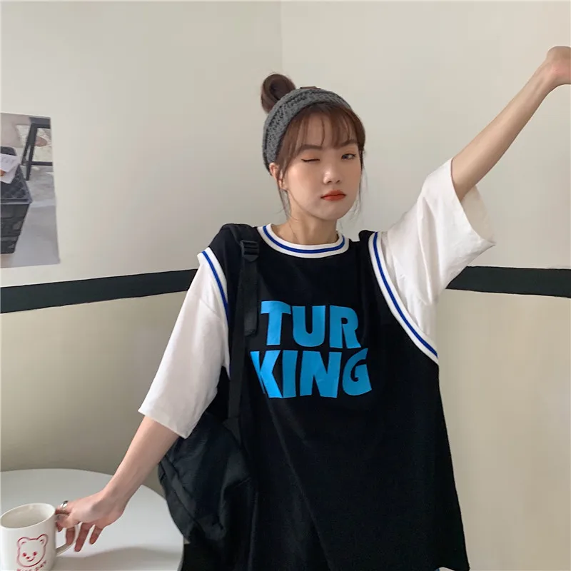 

Summer Fake Two Piece T-shirt Women Basketball Sport Style Oversizes Short-sleeve Top Tees Loose Streetwear Harajuku Clothing