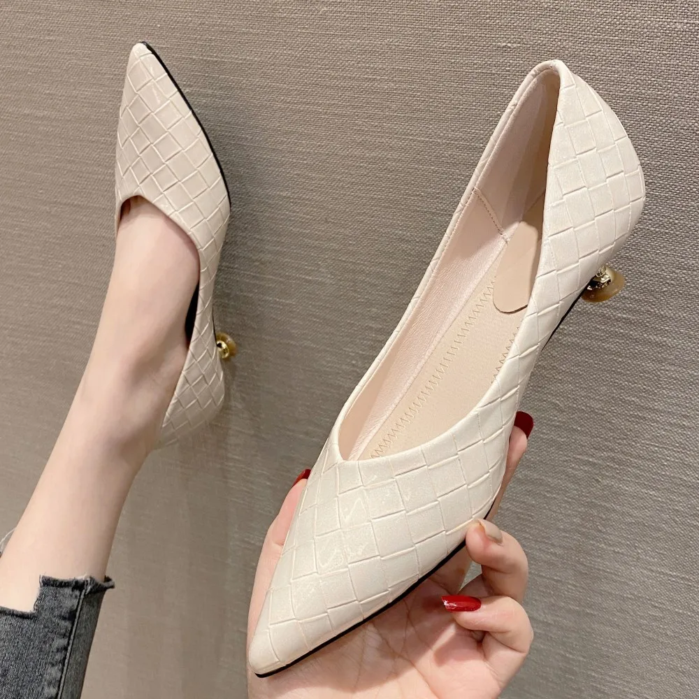 2022 New Weave Fashion Style Women Pumps Spring Summer Pointed Toe Thin Heels Office Ladies Casual Work Party Single Shoes Green