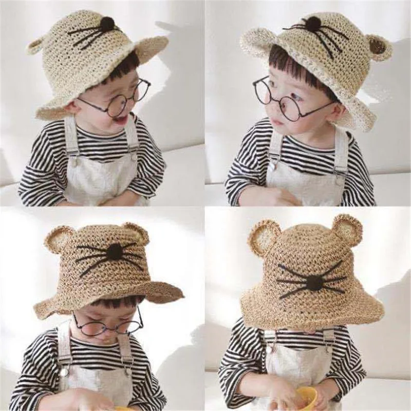 

Летние шапки для младенцев, Детская шляпа от солнца, соломенная шляпа с кошачьими ушками ручной работы, мягкие дышащие детские шапки для мал...