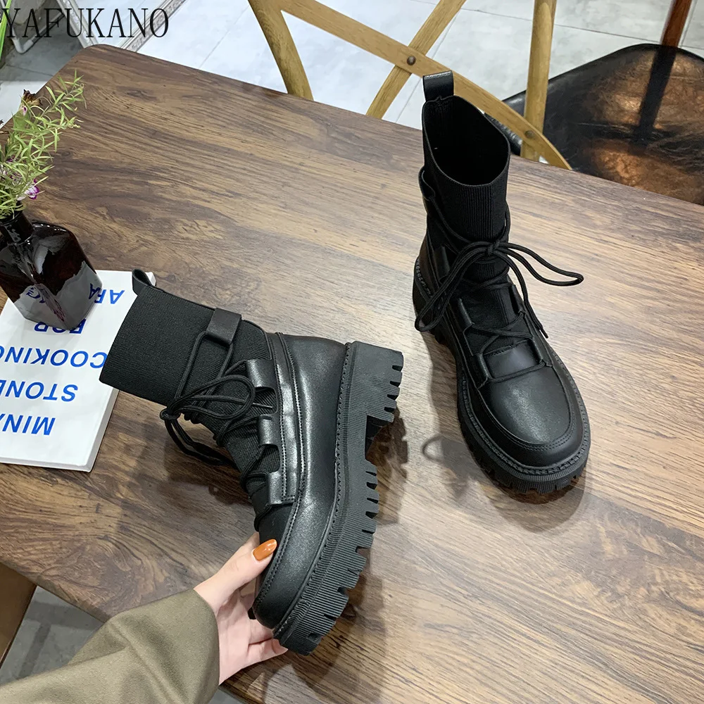 

Martin Boots Woman 2022 New Ladies Casual Stretch Fabric Socks Boots Fashion Cross-tied Women Shoes Platform Boots Gothic Women